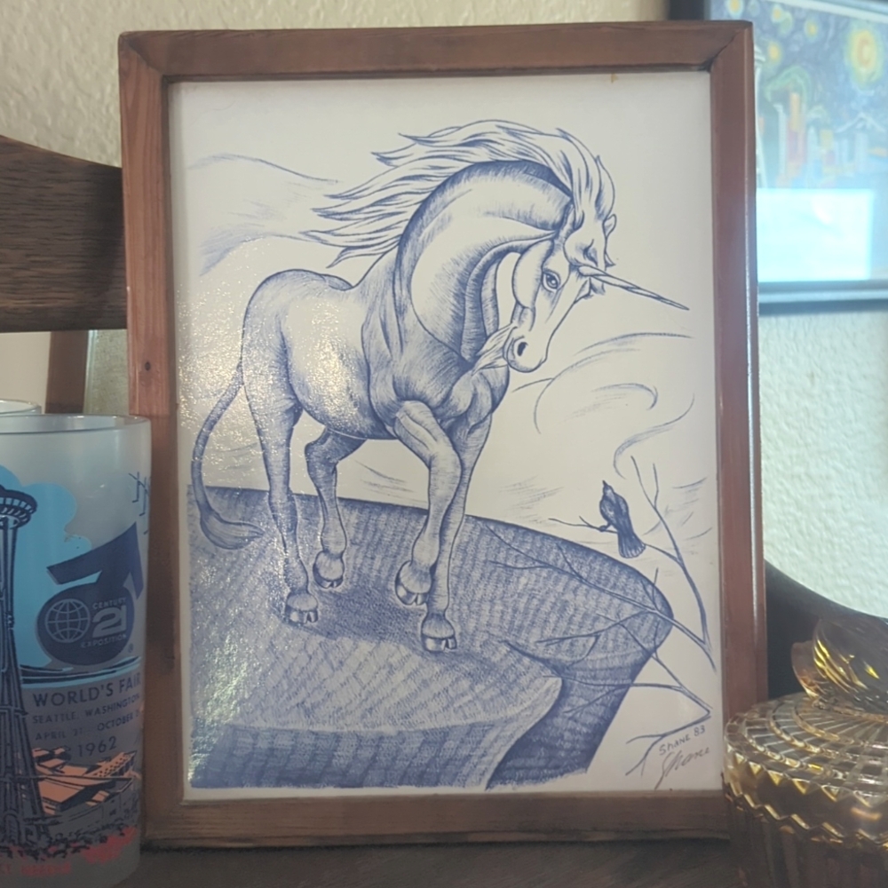 Vtg Shane Slayer Unicorn in Wood Frame